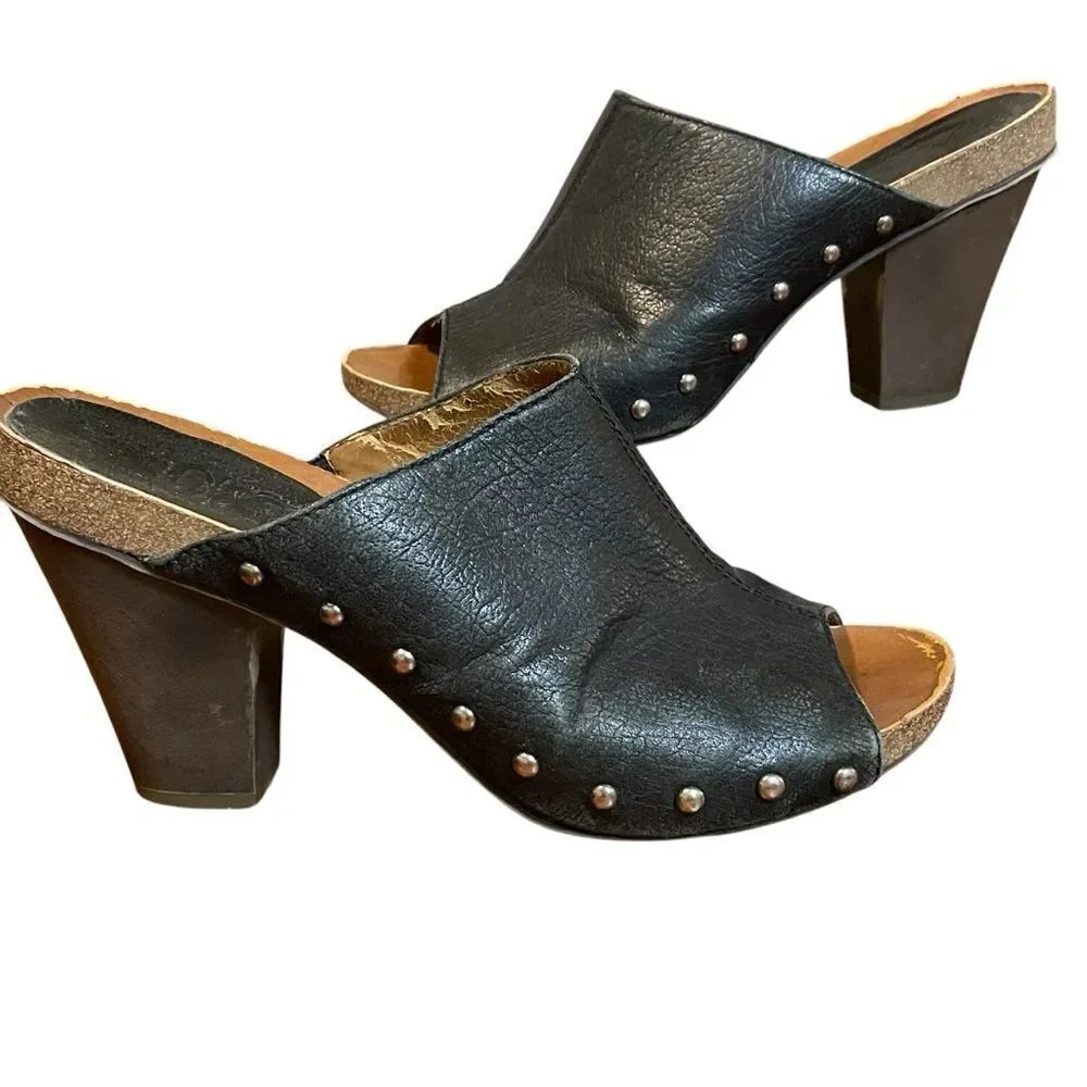 Nine West Black Leather Studded Women's Clog Heels Black Brown 8.5